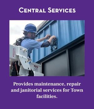 Central Services Banner. Shows employee performing repairs on a blue metal building.
