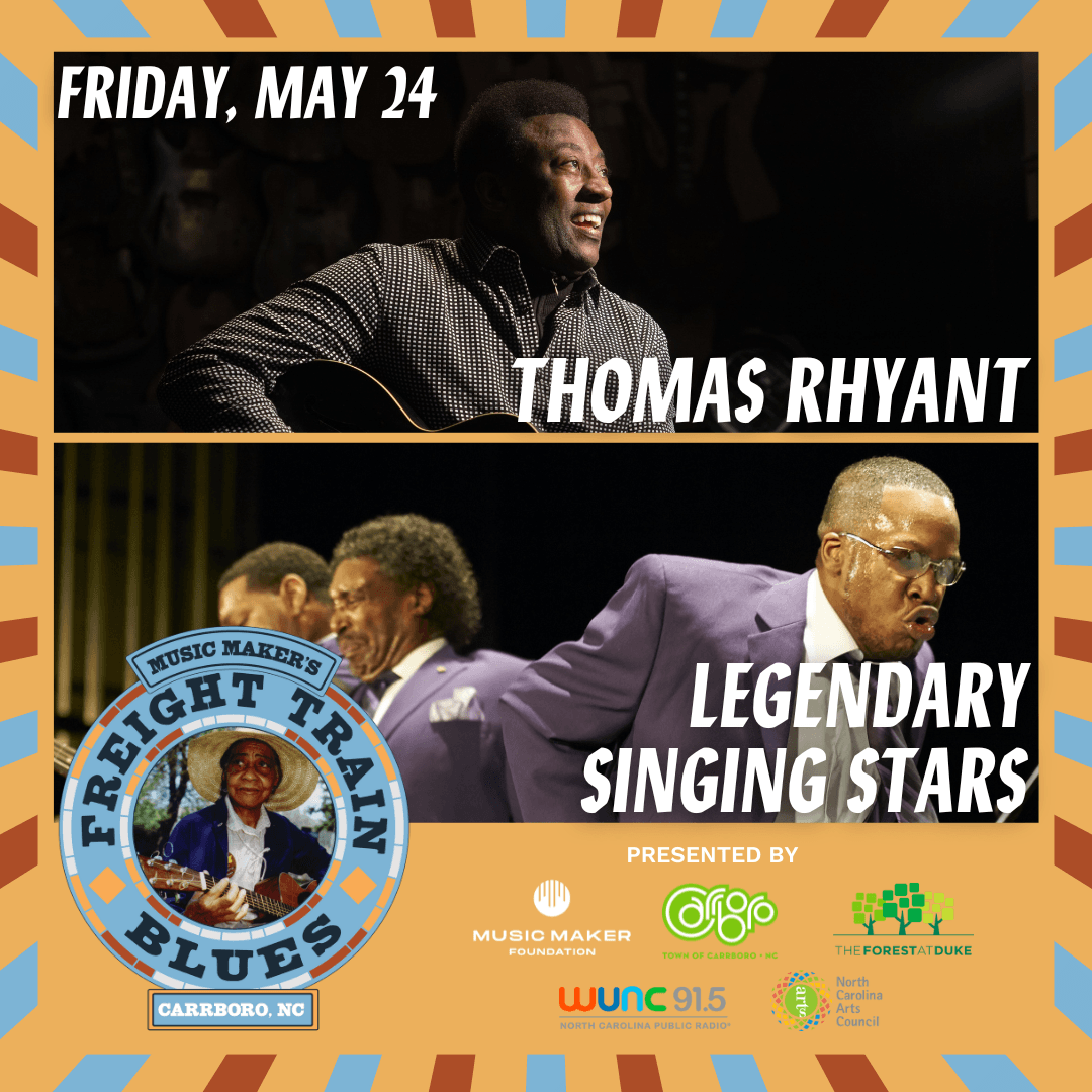 Freight Train Blues Concert Graphic with photos of Thomas Rhyant and the Legendary Singing Stars